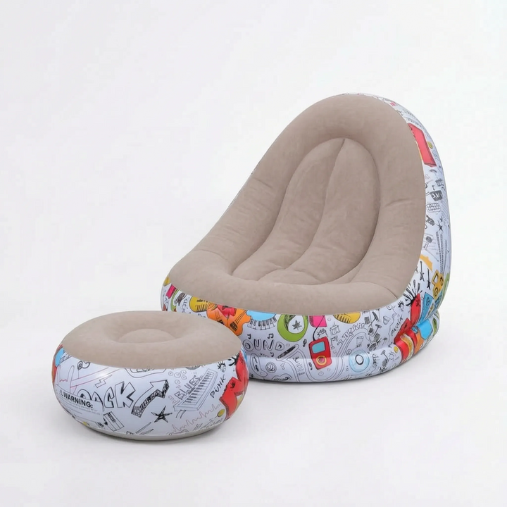 Robust inflatable lounge chair and ottoman, designed for easy relaxation indoors or adventurous outdoor use.