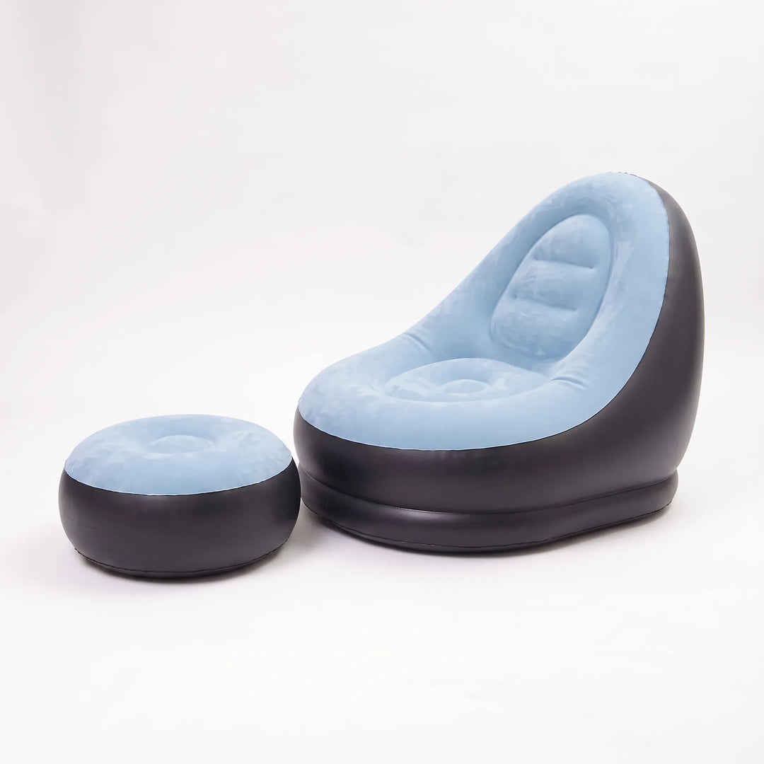 Compact inflatable lounge chair and ottoman set, essential camping gear for ultimate outdoor comfort.