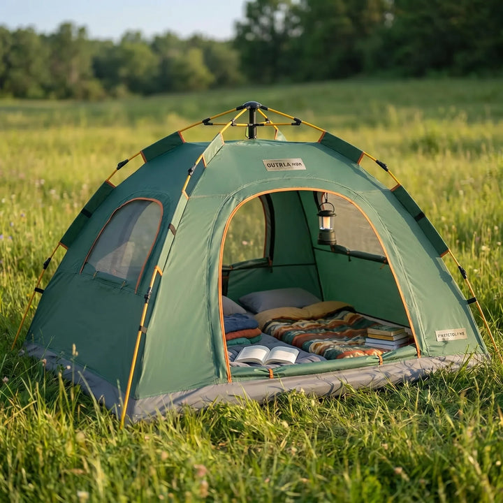 Unisex instant pop-up camping tent for quick setup in a natural outdoor setting, perfect for campers.