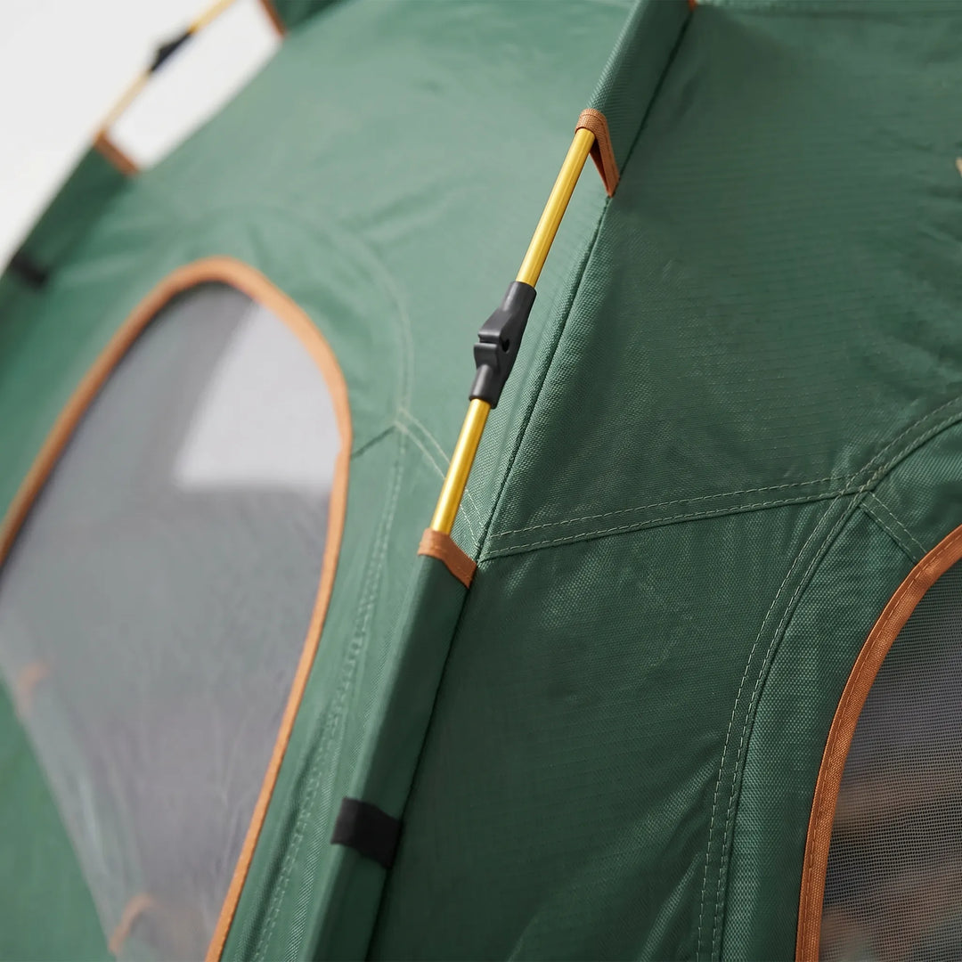 Portable pop-up camping tent shown fully set up, highlighting its quick assembly and compact design.