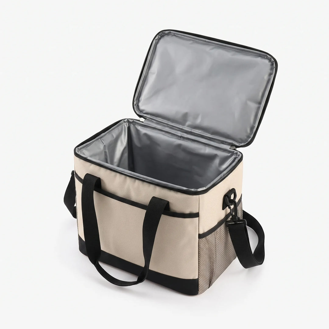 Front view of a versatile food carrier, designed as an insulated picnic bag for family outings & beach days.