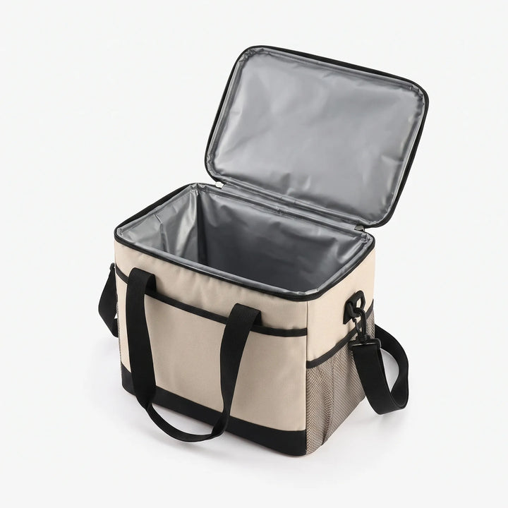 Front view of a versatile food carrier, designed as an insulated picnic bag for family outings & beach days.
