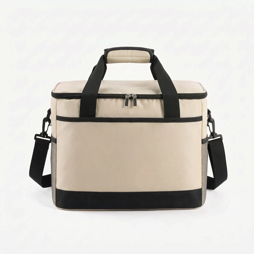 Compact insulated bag for easy meal prep transport, featuring a sturdy handle and front pocket for small items.