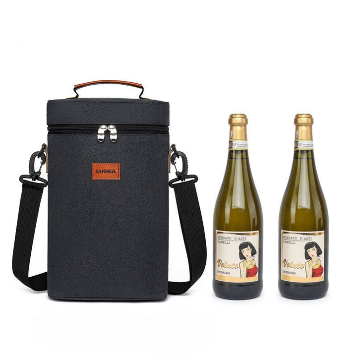 Unisex insulated double wine bottle cooler bag for picnics & travel. Portable beverage tote with sturdy handle.