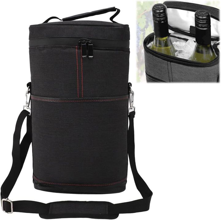 Convenient dual bottle insulated wine carrier, ideal for picnics, travel, & gifts.