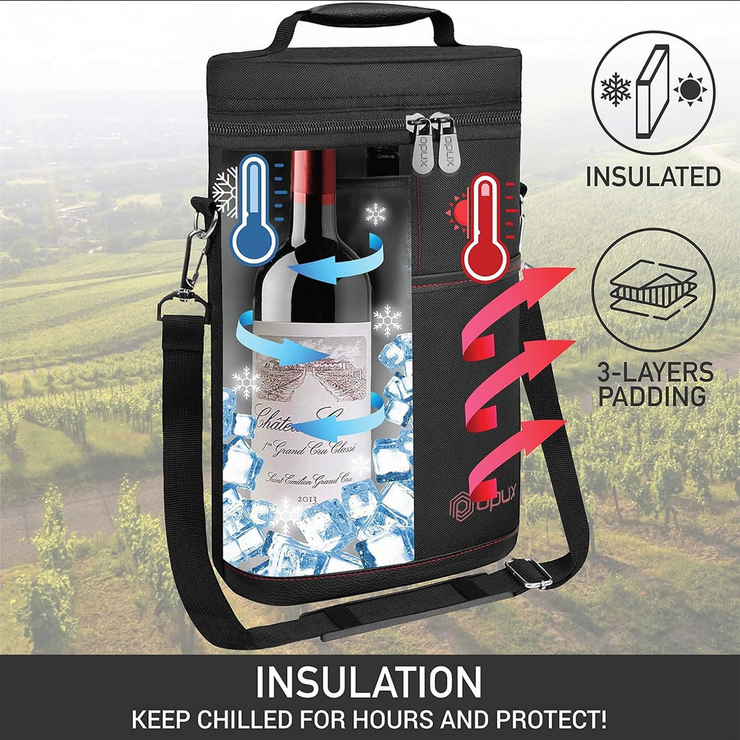Portable dual bottle wine tote with handle, ideal for picnics, travel, & outdoor dining.