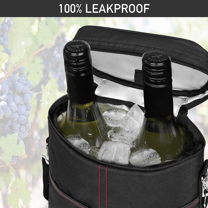 Leakproof dual wine bottle carrier bag, perfect for carrying 2 bottles on the go.