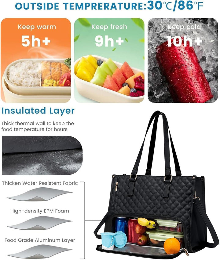 Stylish insulated lunch tote bag, holds laptop & meals. Great for meal prep, food storage, travel, or office.