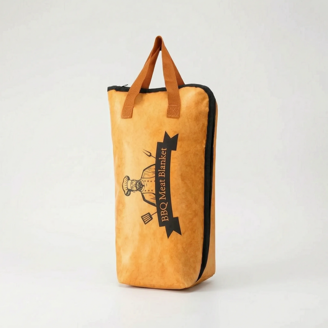 Meat resting bag in use, keeping a holiday roast warm for serving. Convenient insulated thermal carrier for gatherings.