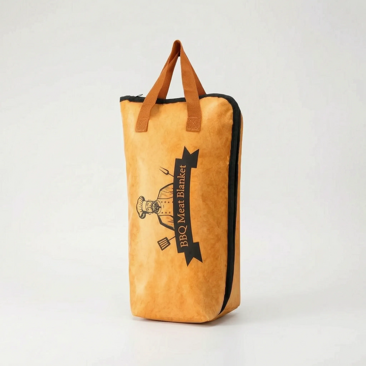 Meat resting bag in use, keeping a holiday roast warm for serving. Convenient insulated thermal carrier for gatherings.