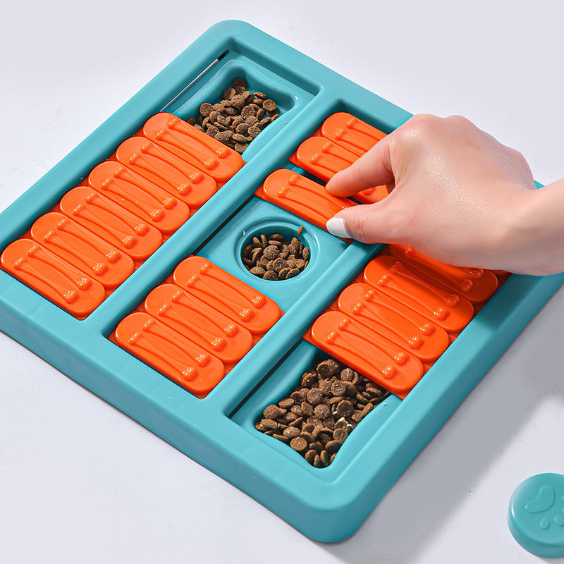Happy dog sniffing and searching for treats in an interactive snuffle mat pet supply.