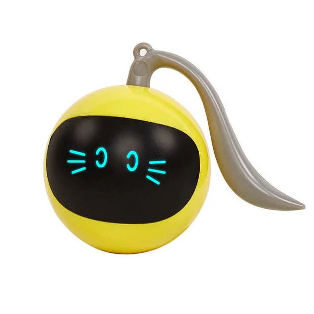 Packaging of a spherical LED interactive cat toy, highlighting its rechargeable feature and benefits
