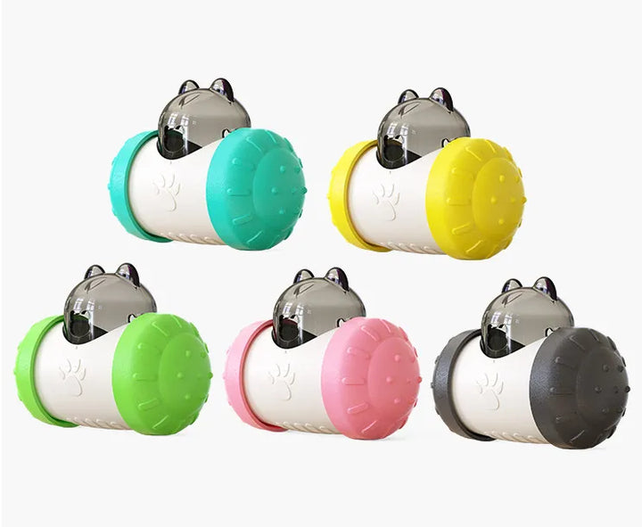 Close-up of a pet treat dispenser toy, showing its durable, chew-resistant design.