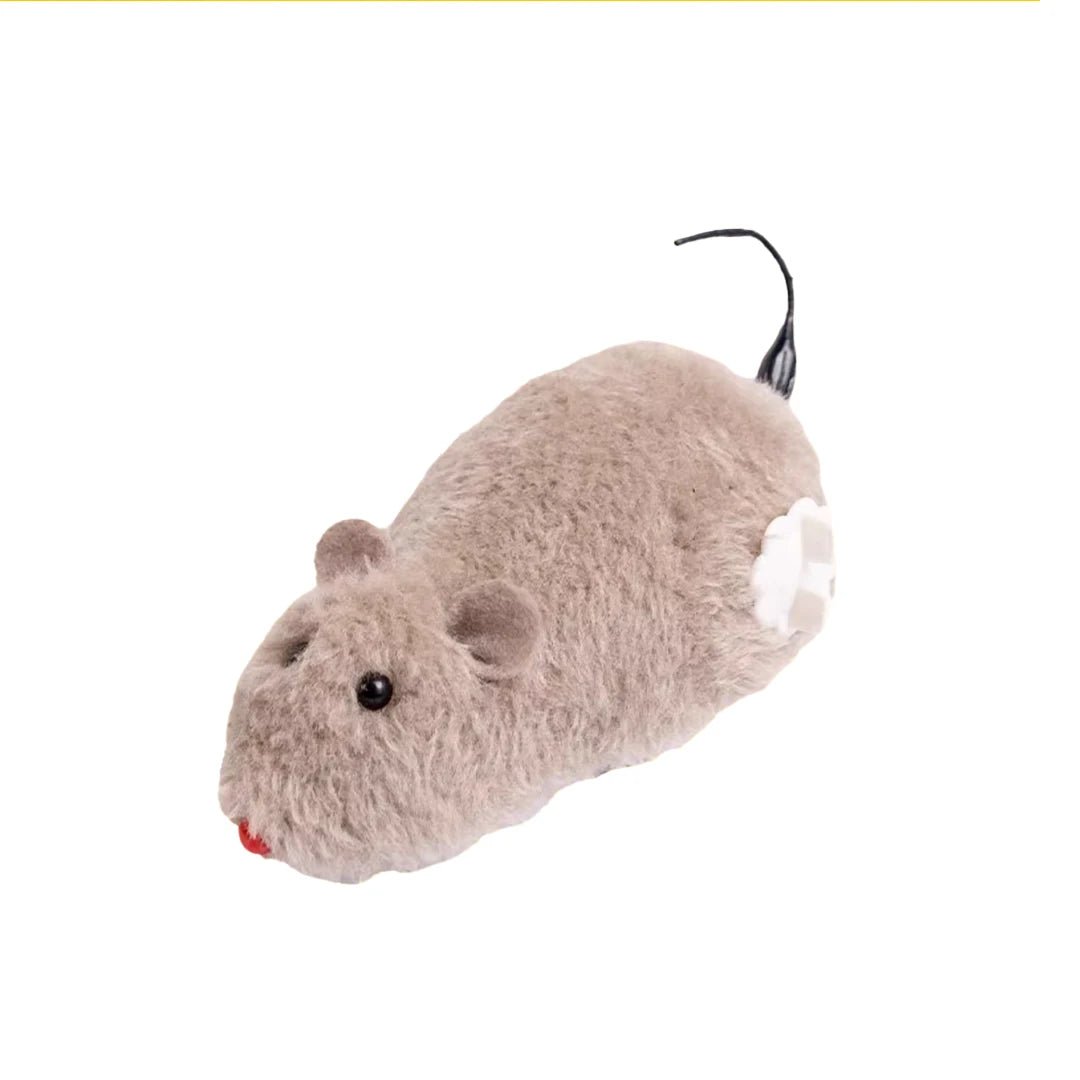 Plush wind-up mouse cat toy for interactive pet play, suitable for indoor and outdoor cat exercise.