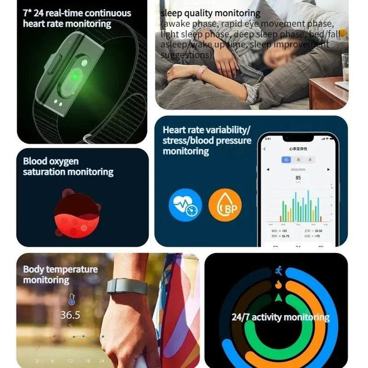 IP68 waterproof health monitor. This unisex fitness tracker measures heart rate and blood oxygen levels.