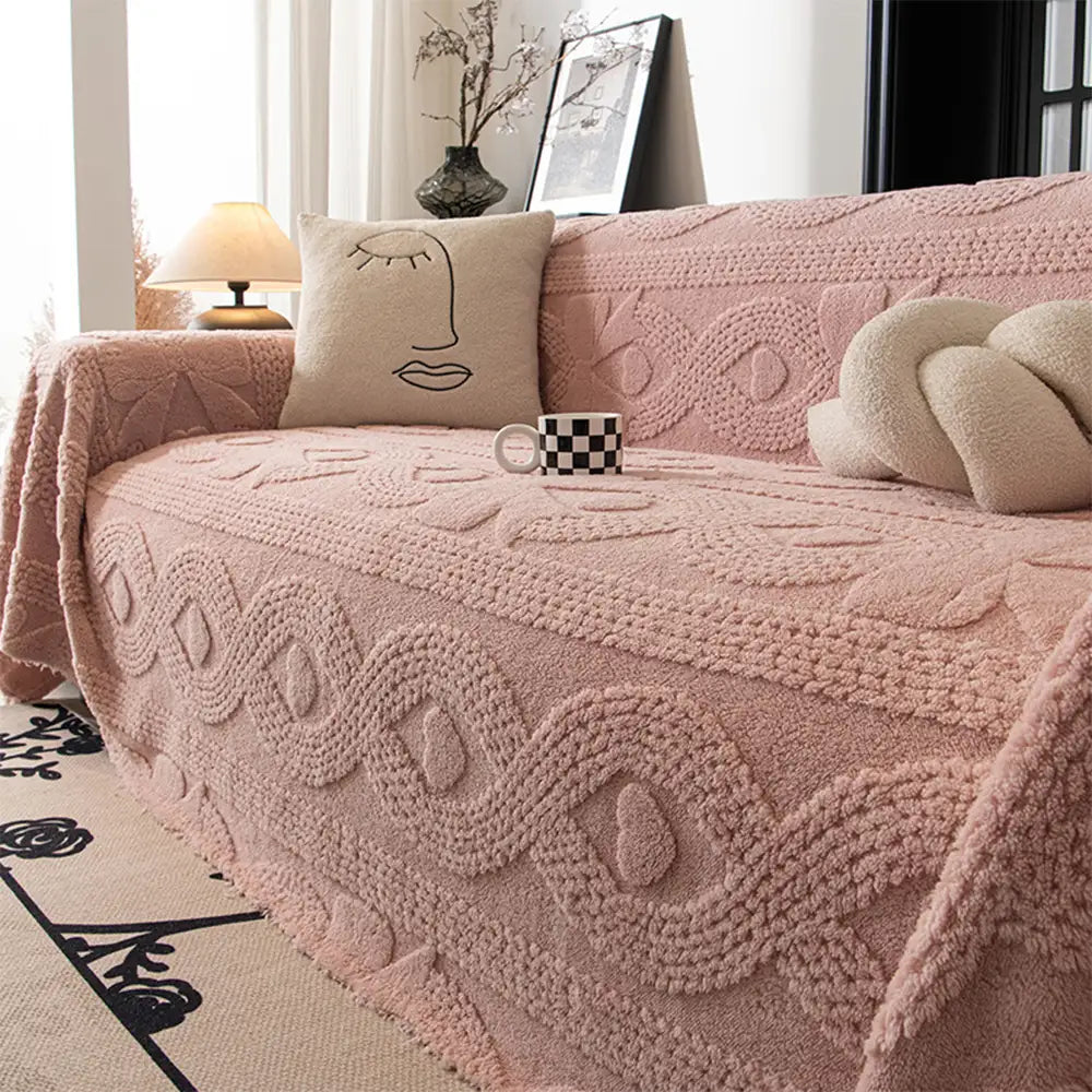 Textured jacquard plush couch cover, providing comfort and protection against wear and tear