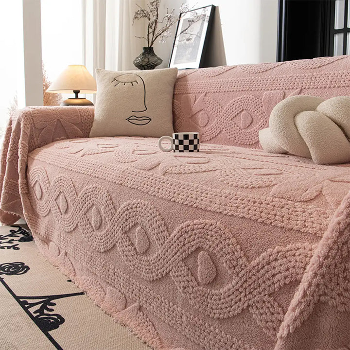 Textured jacquard plush couch cover, providing comfort and protection against wear and tear