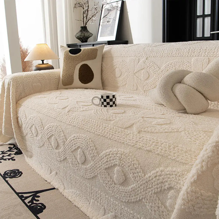 Luxury jacquard plush couch cover in neutral tone, soft and pet-friendly home decor