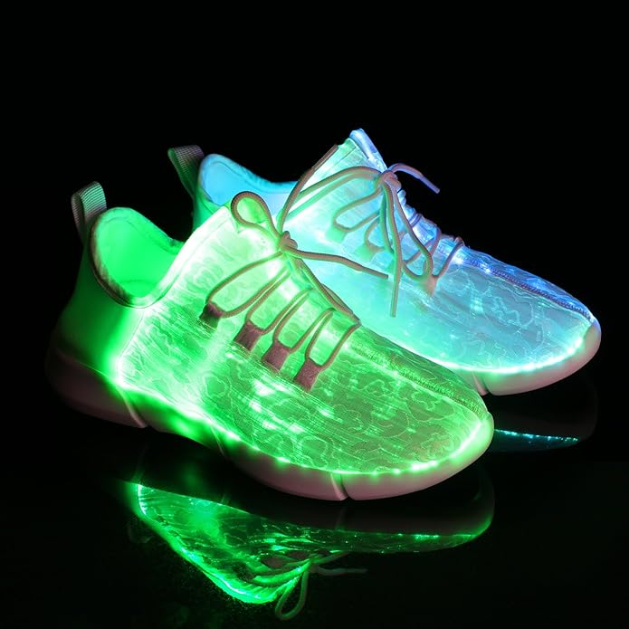 Luminous fiber optic LED sneakers for kids. Rechargeable GlowKicks light up shoes, great for rave fashion.