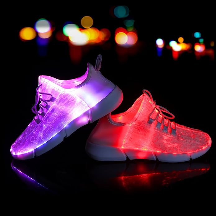 Kids GlowKicks LED party shoes. Unisex light up sneakers, ideal festival footwear with fiber optic glow.