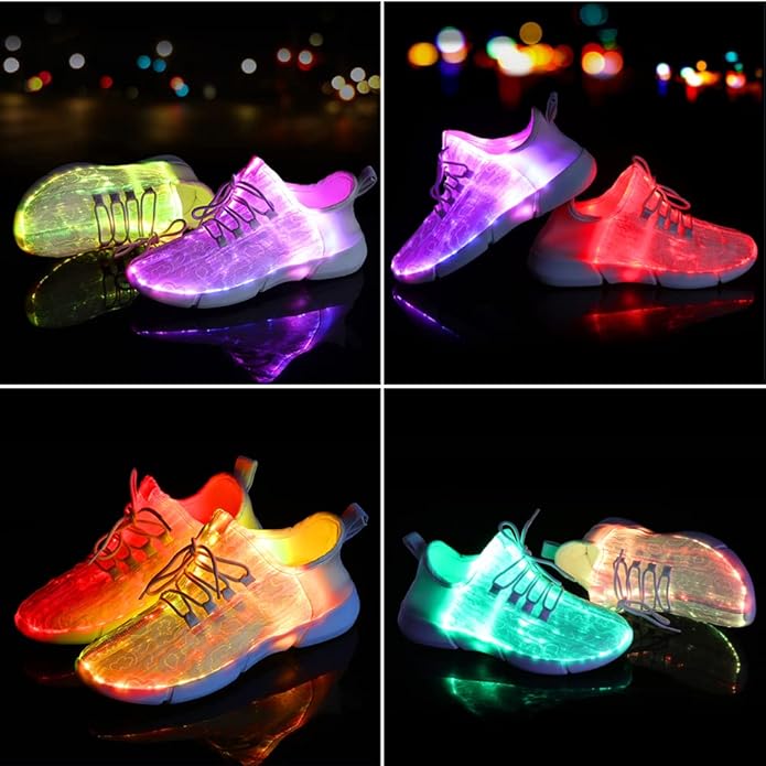 Bright GlowKicks fiber optic LED sneakers for kids. These luminous light up shoes are perfect for nighttime fun.