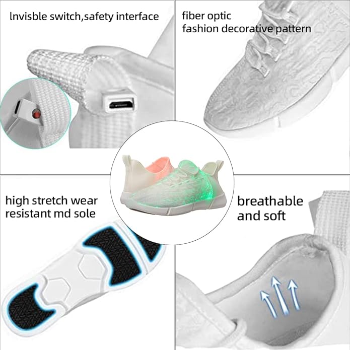 Colorful GlowKicks LED light up sneakers. Kids' unisex fiber optic shoes offering vibrant glow for parties & festivals.