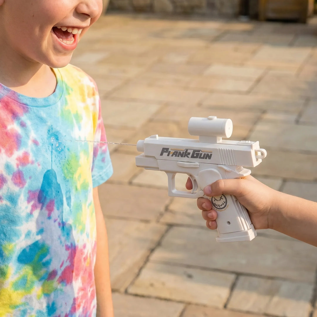 Close-up of a colorful prank water gun from the unisex set, designed for hilarious reverse squirt fun.