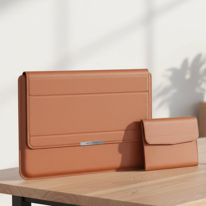 Unisex laptop sleeve & stand. Waterproof, shockproof protection. Slim, portable ergonomic design for tech gear.