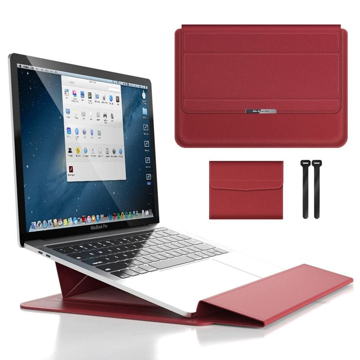 Ergonomic laptop stand & protective sleeve with wrist support. Waterproof, slim fit, portable, computer case.