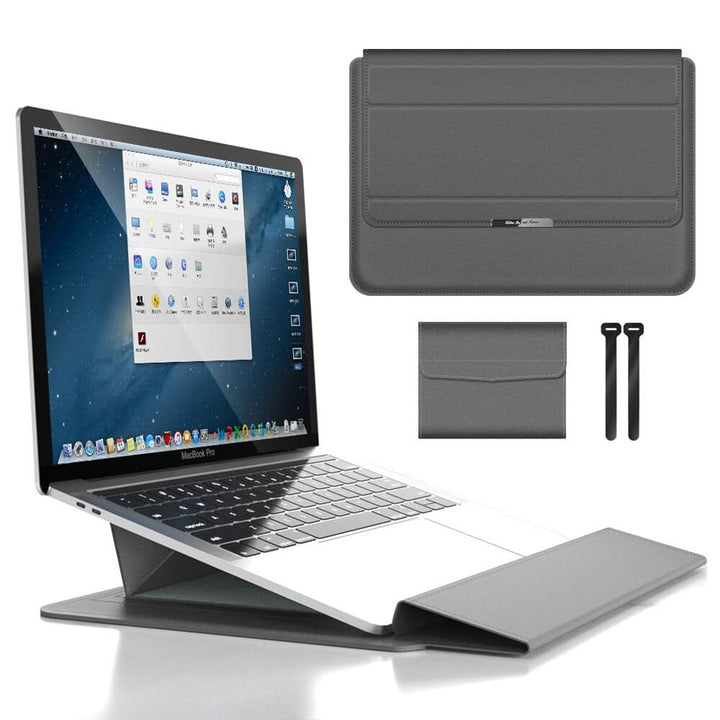 Unisex laptop sleeve transforms into ergonomic stand. Protective, slim design, portable, waterproof, tech gear.