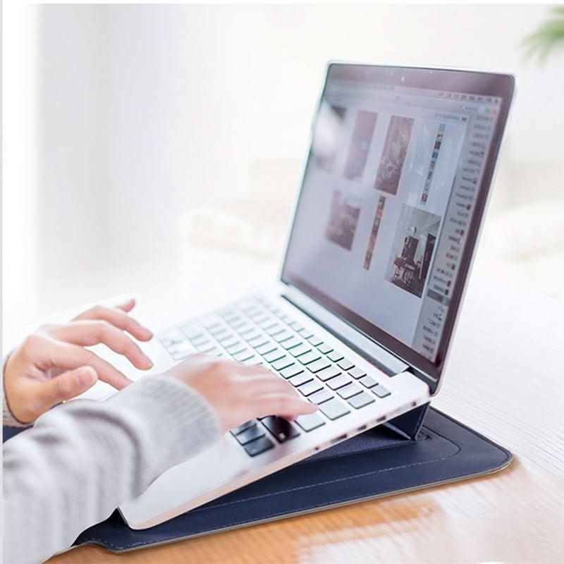 Work from home laptop sleeve & stand. Ergonomic design, slim protection, portable, computer case, travel.