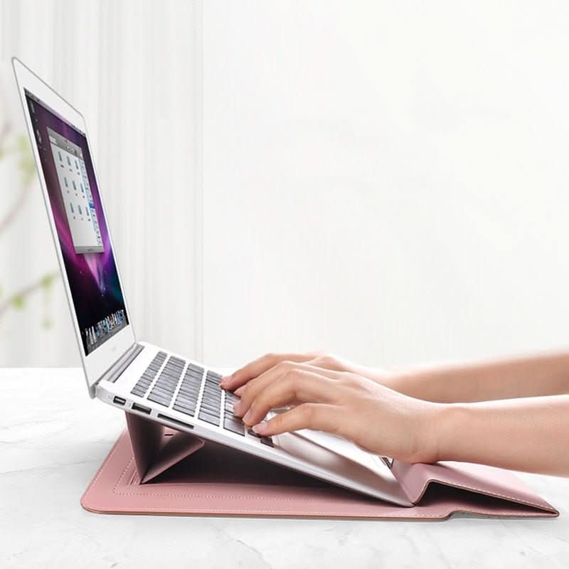 Unisex protective laptop sleeve and stand. Ergonomic, portable, shockproof, waterproof, essential tech gear.