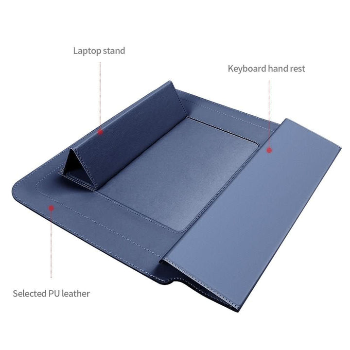 Sleek unisex laptop sleeve and stand with ergonomic design. Comfortable use, protective, portable, travel-ready.