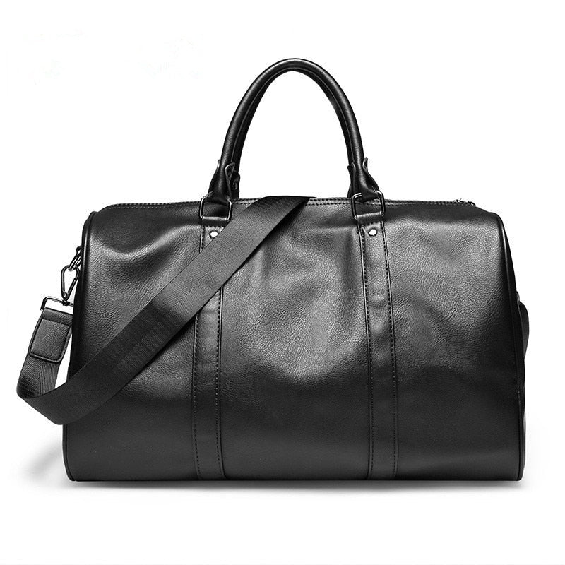 Unisex large black faux leather travel duffel bag, spacious carry-on luggage for weekend or gym.