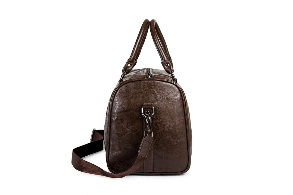 Versatile brown faux leather duffel, a large carry-on & weekend bag for modern travelers.