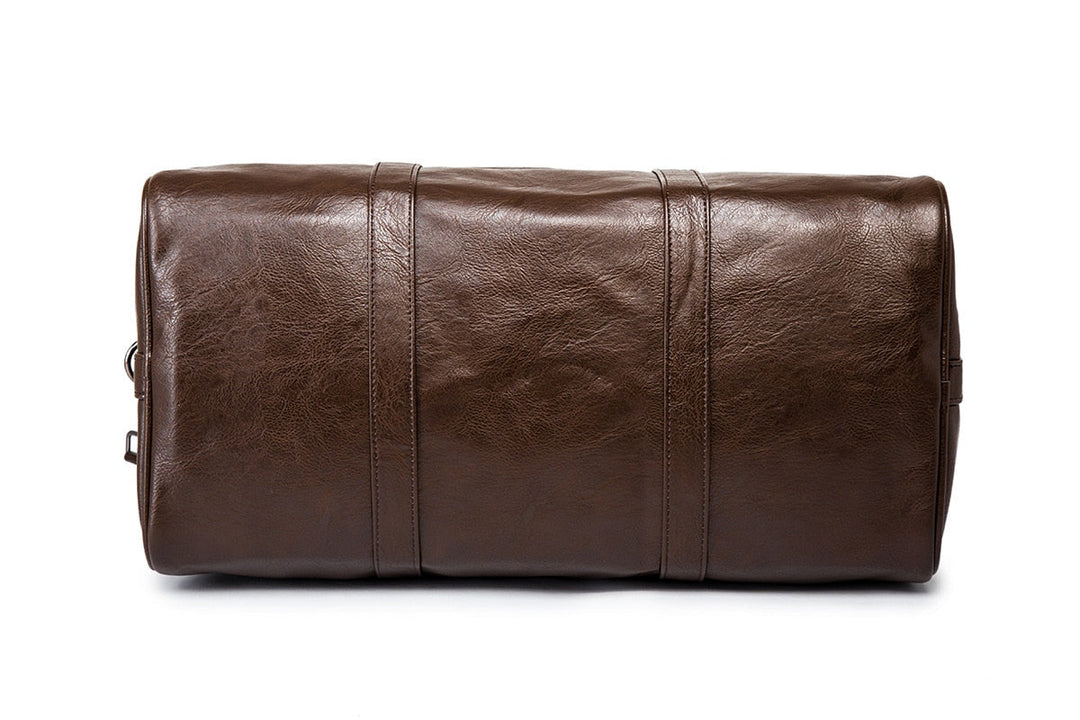 Unisex large black faux leather travel duffel, ideal as gym bag or weekend carry-on luggage.