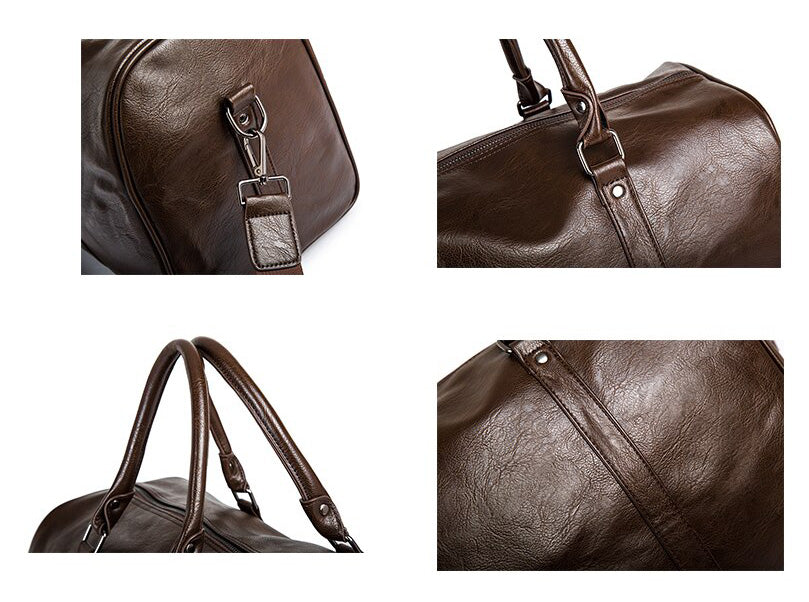 Brown faux leather travel duffel bag, large capacity unisex luggage for weekend trips.