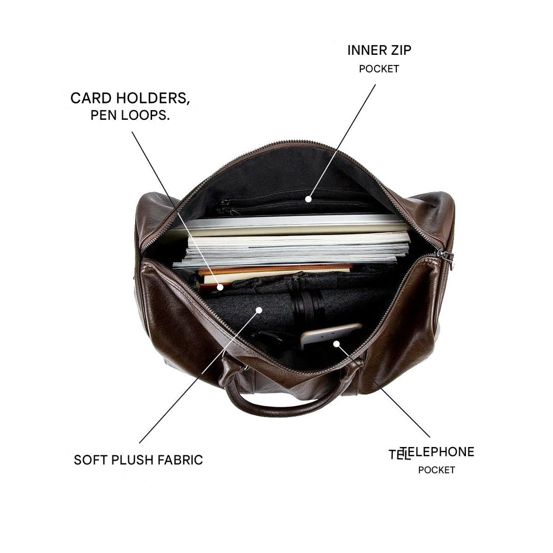 Stylish brown faux leather travel duffel bag for men & women, large capacity weekend carry-on.