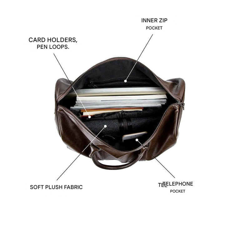 Stylish brown faux leather travel duffel bag for men & women, large capacity weekend carry-on.