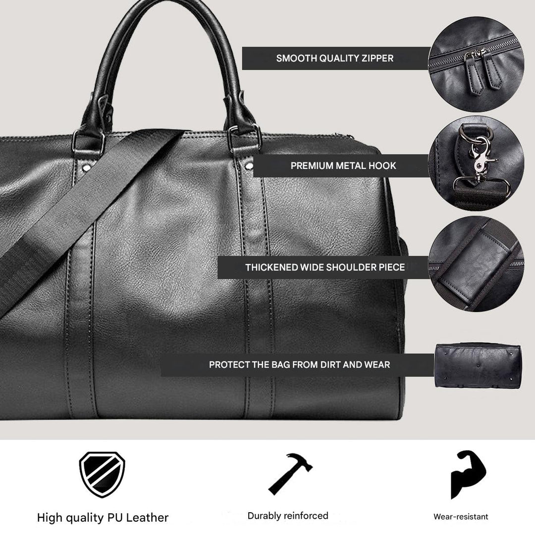 Large unisex black faux leather travel duffel, ideal as a gym bag or for weekend getaways.