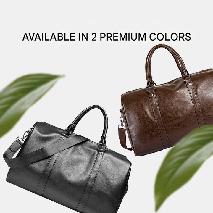 Unisex black faux leather duffel bag, durable & large capacity for travel, gym, or weekend trips.