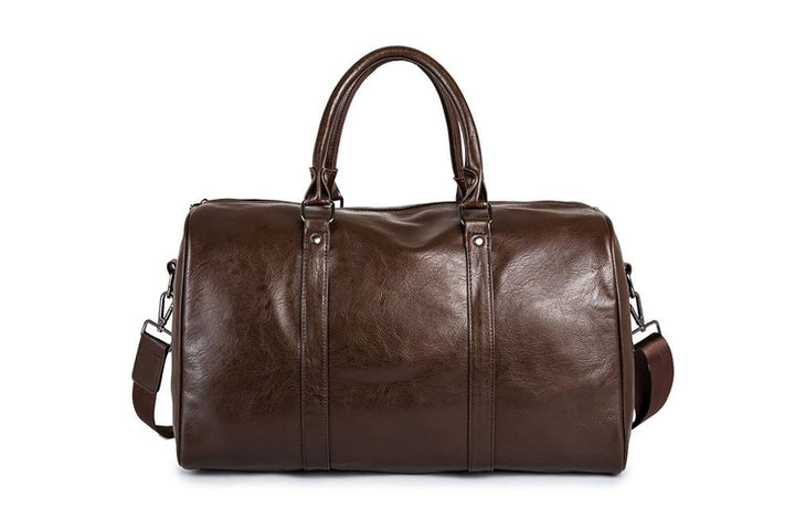 Black faux leather travel duffel bag, large capacity for unisex weekend adventures or gym use.