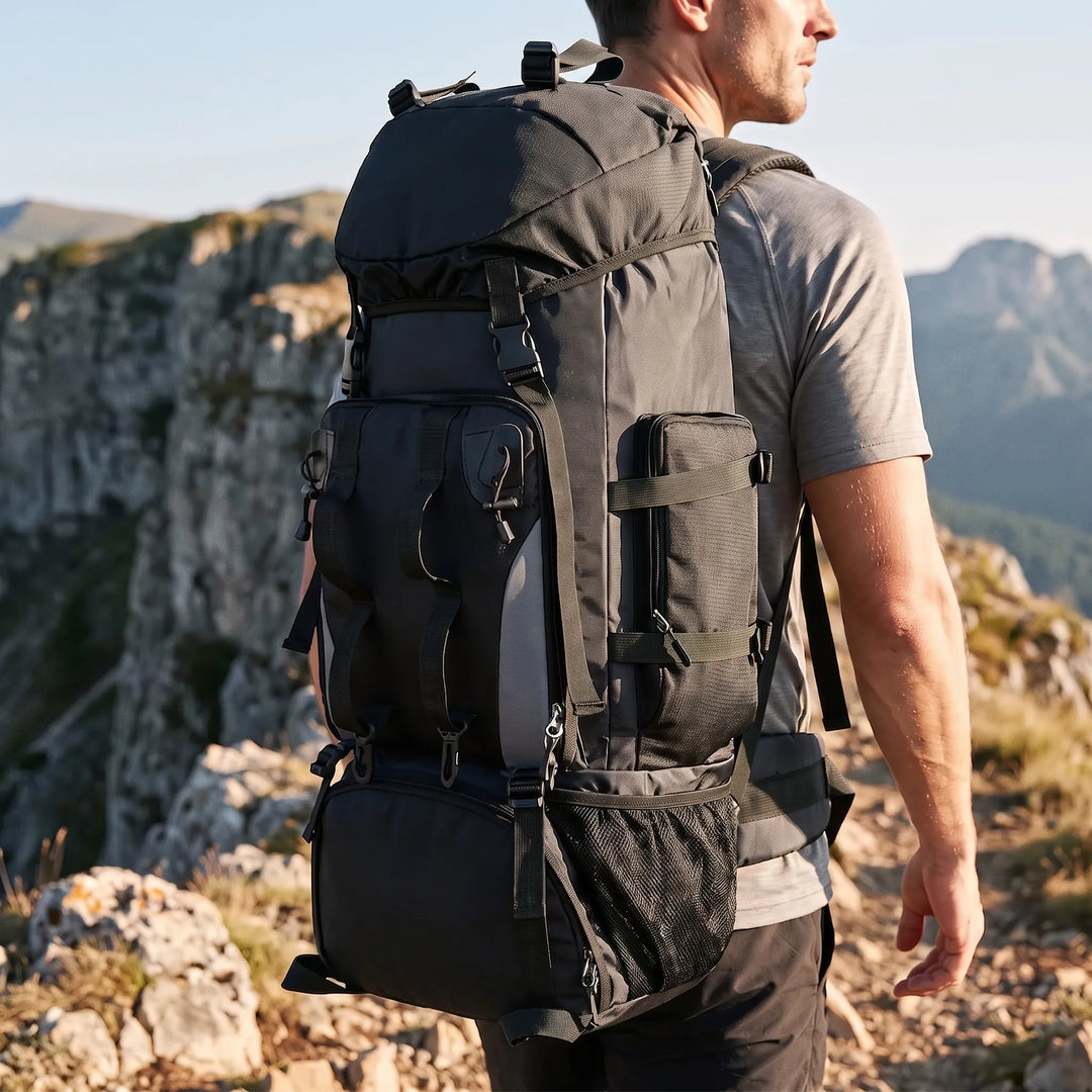 Unisex large capacity hiking backpack for camping, outdoor adventures, and travel. Durable gear.