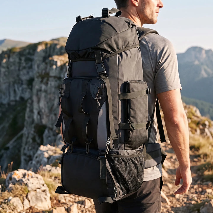 Unisex large capacity hiking backpack for camping, outdoor adventures, and travel. Durable gear.