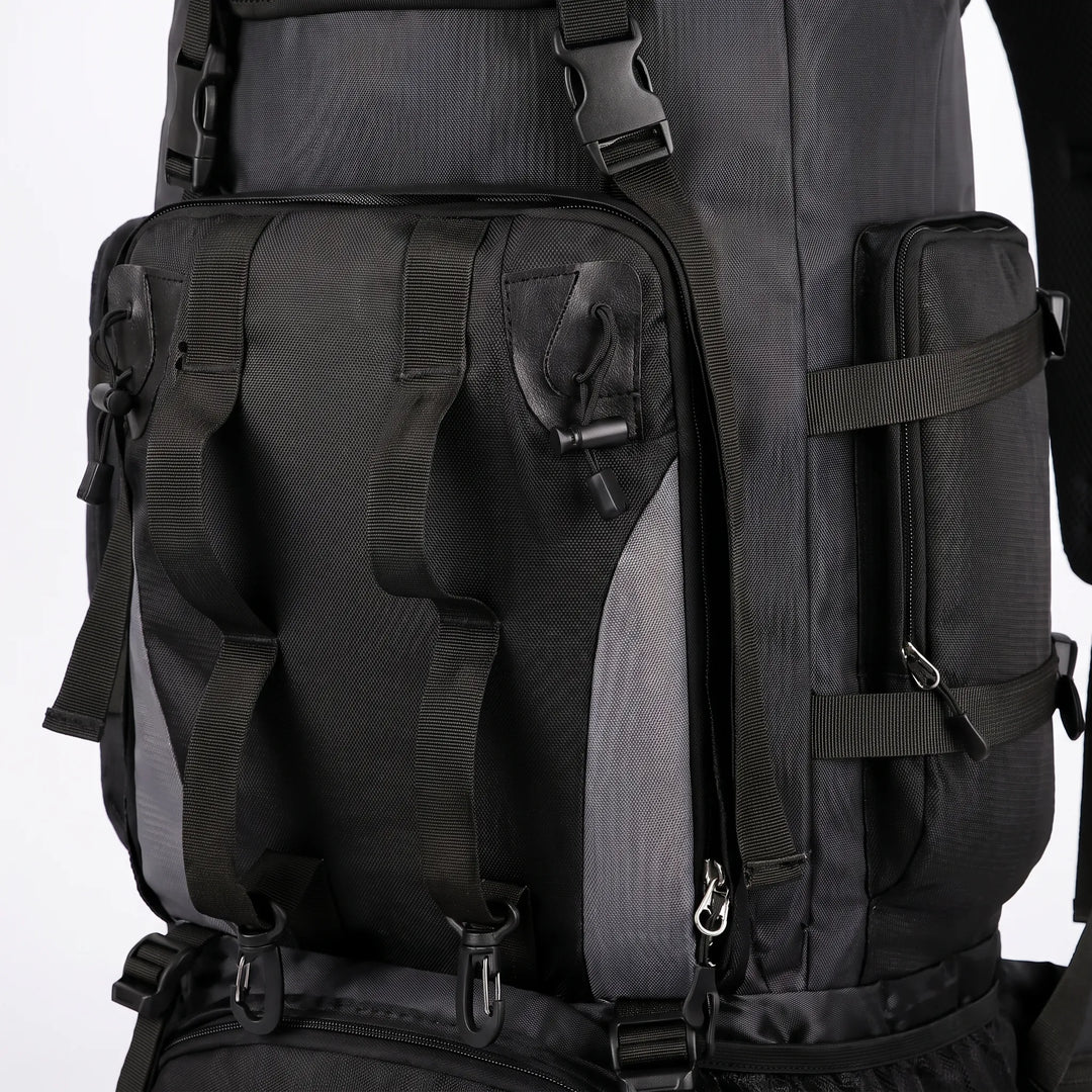 Multi-pocket unisex large capacity hiking backpack, organized gear for camping & outdoor travel.
