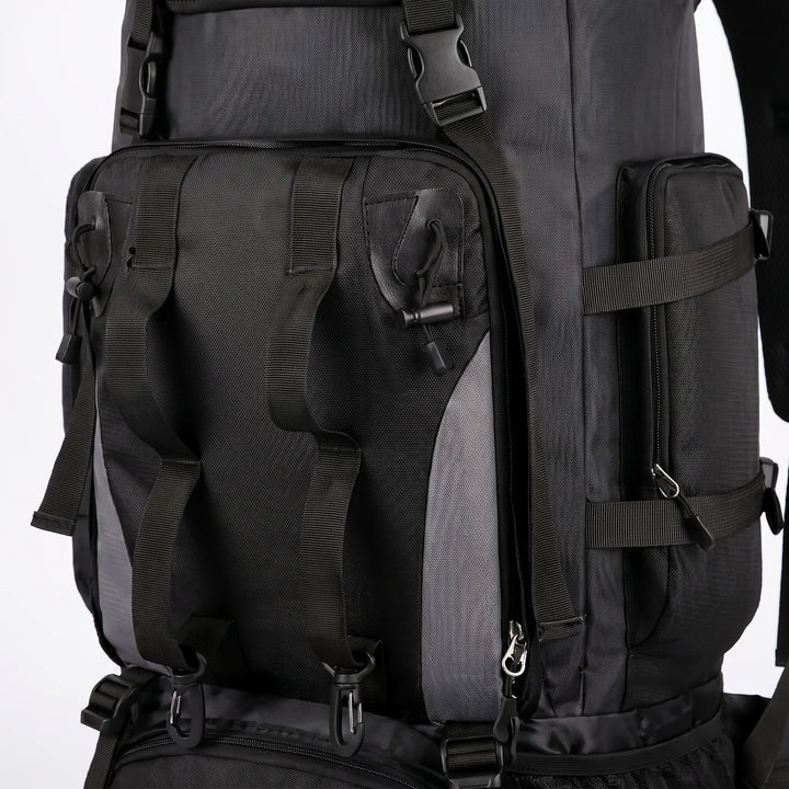Multi-pocket unisex large capacity hiking backpack, organized gear for camping & outdoor travel.