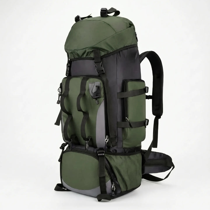 Fully loaded unisex large capacity hiking backpack for camping, demonstrating external gear attachment points.