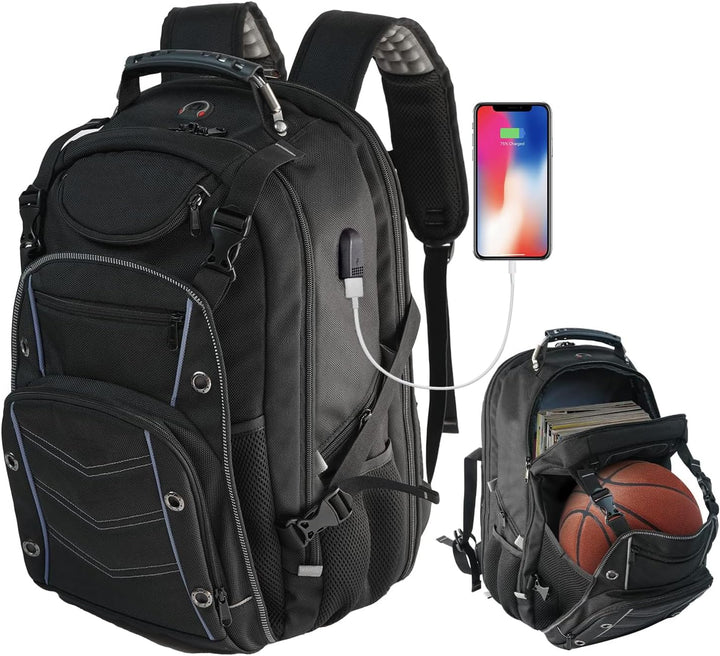 Unisex large capacity travel backpack with USB charging port & RFID security pocket. Durable, waterproof carry-on.