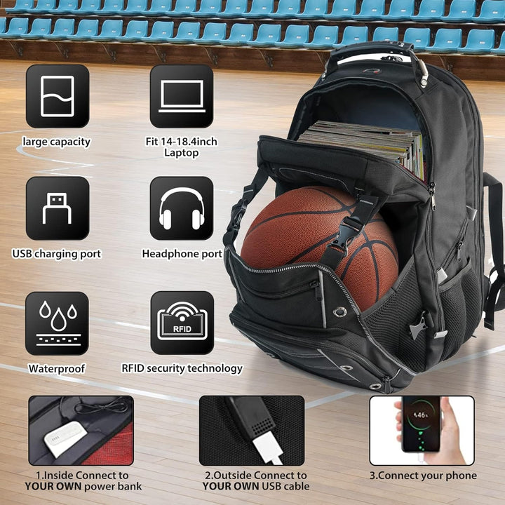 Spacious laptop backpack with multiple compartments, USB charging, and RFID protection for organized travel.