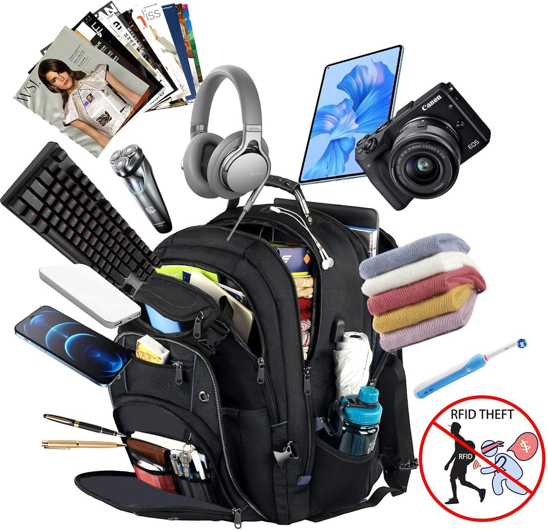 Stylish large capacity travel backpack with integrated USB charger, RFID-protected pockets, perfect for men & women.